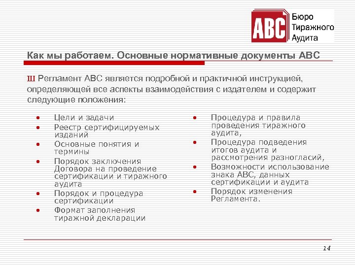 Как мы работаем. Основные нормативные документы ABC Ш Регламент АВС является подробной и практичной