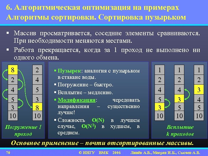 6. Алгоритмическая оптимизация на примерах Алгоритмы сортировки. Сортировка пузырьком § Массив просматривается, соседние элементы