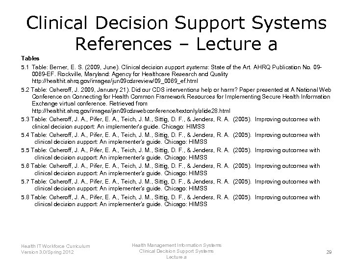 Clinical Decision Support Systems References – Lecture a Tables 5. 1 Table: Berner, E.