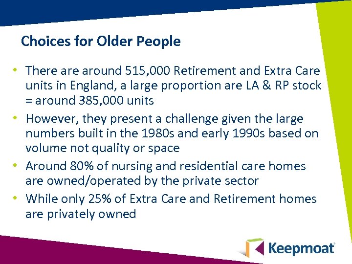 Choices for Older People • There around 515, 000 Retirement and Extra Care units