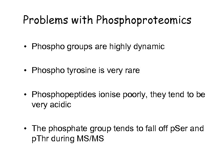 Problems with Phosphoproteomics • Phospho groups are highly dynamic • Phospho tyrosine is very