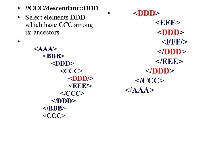  • //CCC/descendant: : DDD • Select elements DDD which have CCC among its