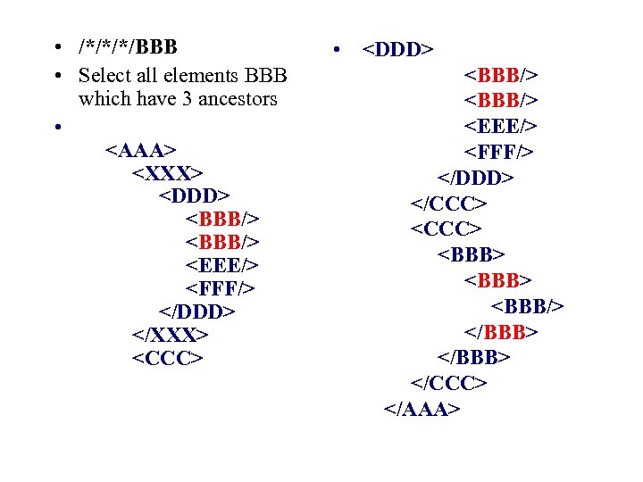  • /*/*/*/BBB • Select all elements BBB which have 3 ancestors • <AAA>