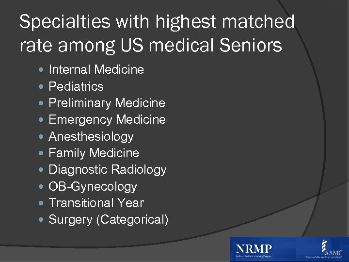 Specialties with highest matched rate among US medical Seniors Internal Medicine Pediatrics Preliminary Medicine