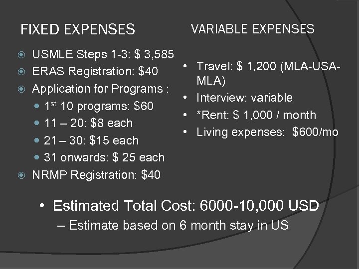 FIXED EXPENSES USMLE Steps 1 -3: $ 3, 585 ERAS Registration: $40 Application for