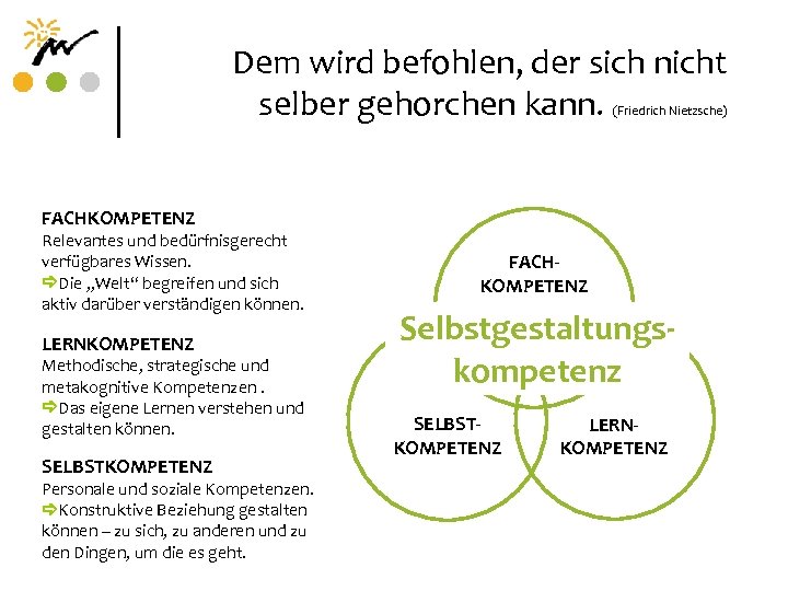 Dem wird befohlen, der sich nicht selber gehorchen kann. (Friedrich Nietzsche) FACHKOMPETENZ Relevantes und