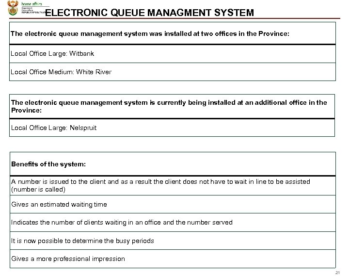 ELECTRONIC QUEUE MANAGMENT SYSTEM The electronic queue management system was installed at two offices