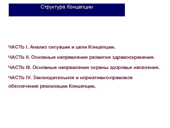 Структура Концепции ЧАСТЬ I. Анализ ситуации и цели Концепции. ЧАСТЬ II. Основные направления развития