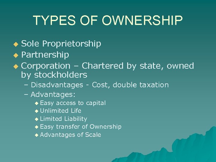 TYPES OF OWNERSHIP Sole Proprietorship u Partnership u Corporation – Chartered by state, owned