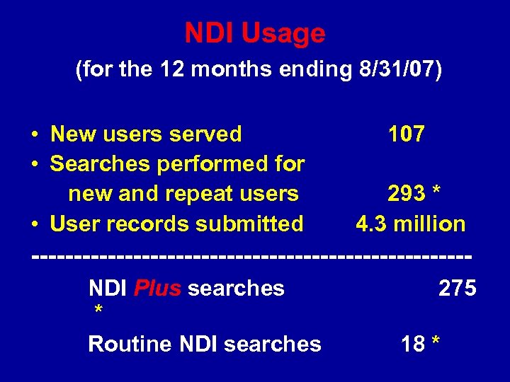 NDI Usage (for the 12 months ending 8/31/07) • New users served • Searches