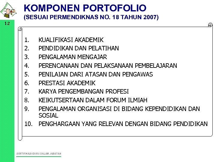 KOMPONEN PORTOFOLIO 12 (SESUAI PERMENDIKNAS NO. 18 TAHUN 2007) 1. 2. 3. 4. 5.