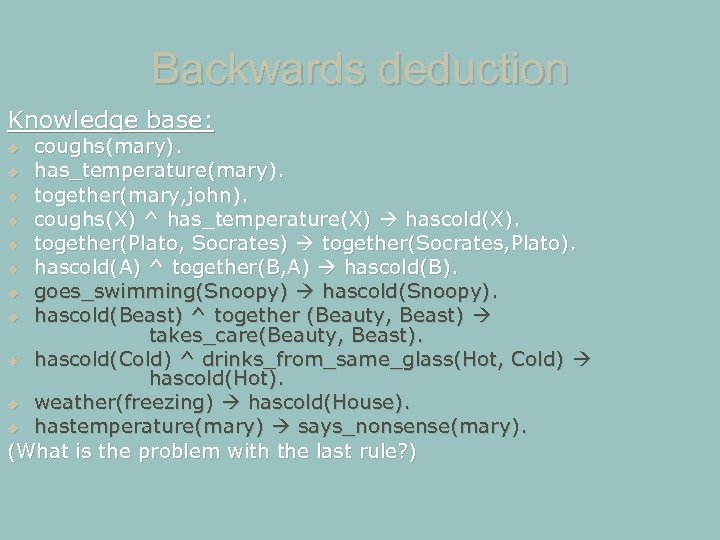 Backwards deduction Knowledge base: coughs(mary). has_temperature(mary). together(mary, john). coughs(X) ^ has_temperature(X) hascold(X). together(Plato, Socrates)