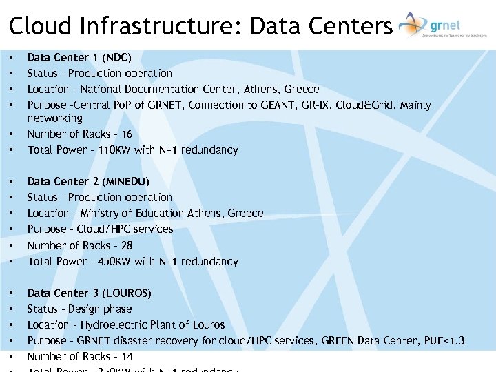 Cloud Infrastructure: Data Centers • • Data Center 1 (NDC) Status – Production operation