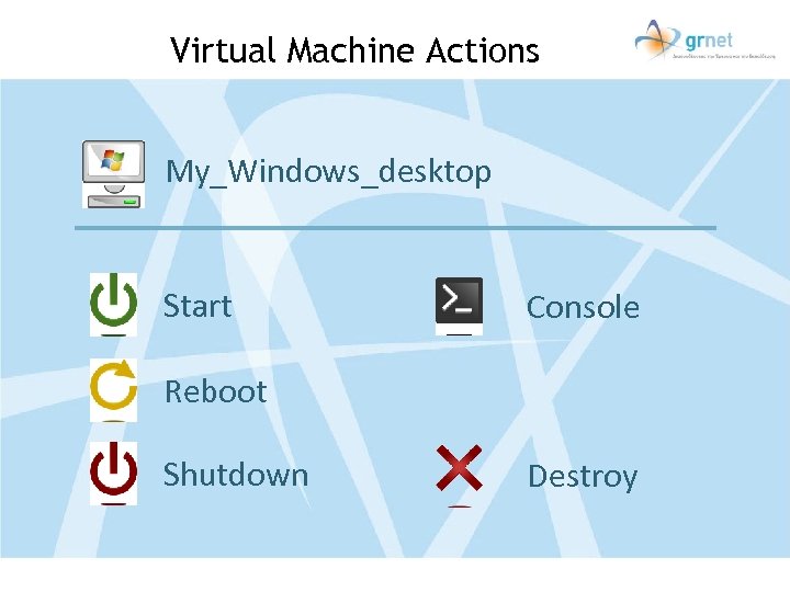 Virtual Machine Actions My_Windows_desktop Start Console Reboot Shutdown Destroy 