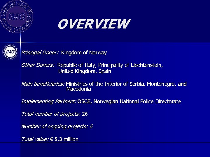 OVERVIEW Principal Donor: Kingdom of Norway Other Donors: Republic of Italy, Principality of Liechtenstein,