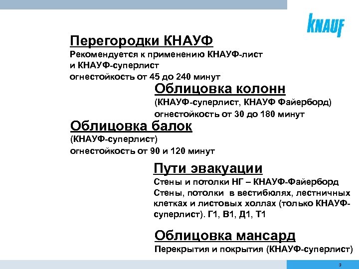 Перегородки КНАУФ Рекомендуется к применению КНАУФ-лист и КНАУФ-суперлист огнестойкость от 45 до 240 минут