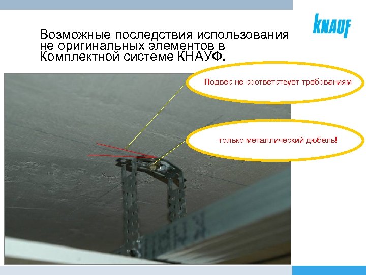 Возможные последствия использования не оригинальных элементов в Комплектной системе КНАУФ. Подвес не соответствует требованиям