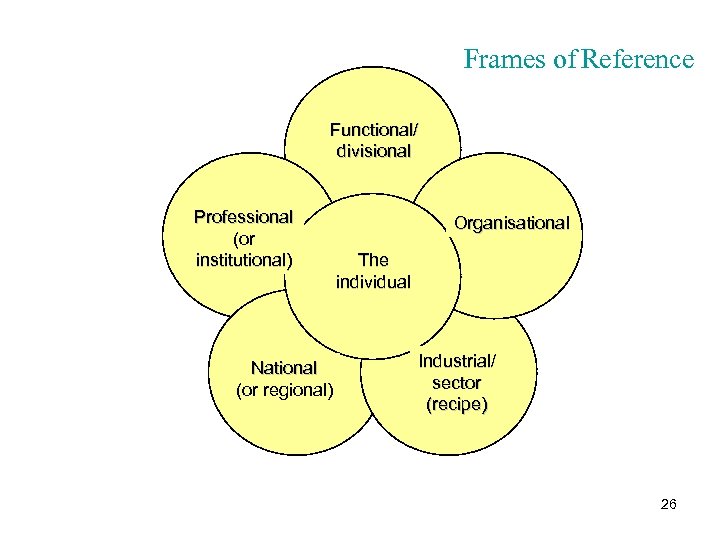 Frames of Reference Functional/ divisional Professional (or institutional) National (or regional) Organisational The individual