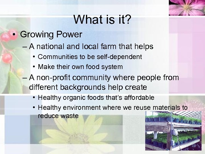 What is it? • Growing Power – A national and local farm that helps