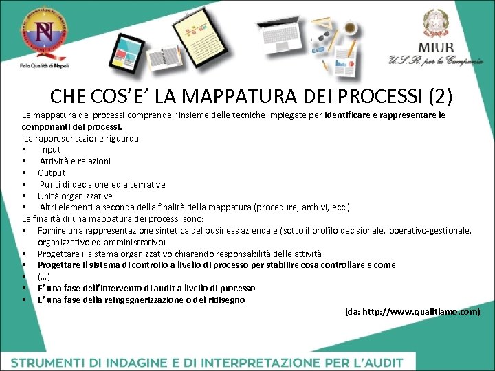 CHE COS’E’ LA MAPPATURA DEI PROCESSI (2) La mappatura dei processi comprende l’insieme delle