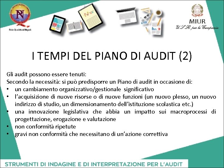 I TEMPI DEL PIANO DI AUDIT (2) Gli audit possono essere tenuti: Secondo la