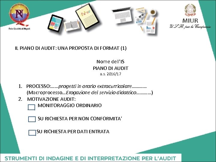 IL PIANO DI AUDIT: UNA PROPOSTA DI FORMAT (1) Nome dell’IS PIANO DI AUDIT