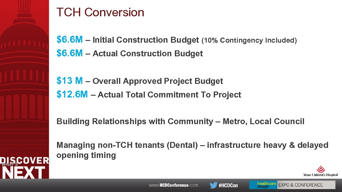 TCH Conversion $6. 6 M – Initial Construction Budget (10% Contingency Included) $6. 6