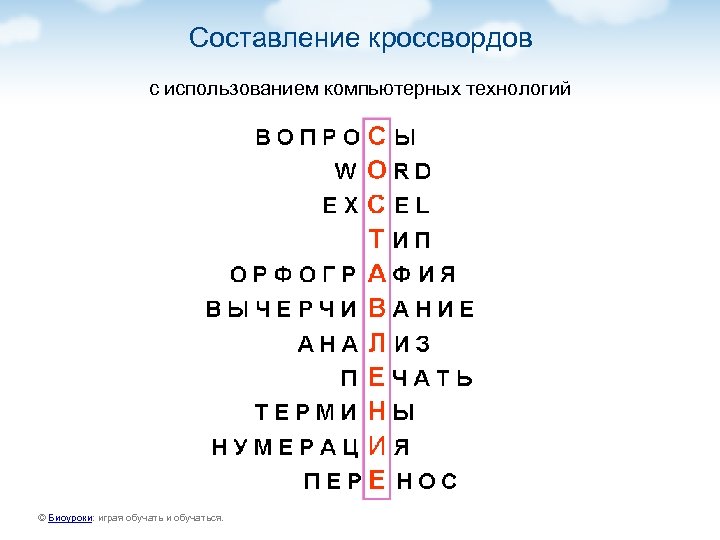 Составление кроссвордов с использованием компьютерных технологий © Биоуроки: играя обучать и обучаться. 