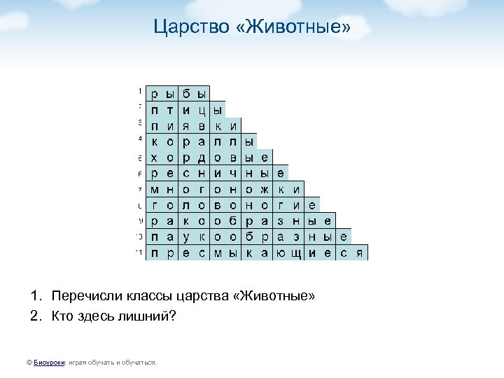 Царство «Животные» 1. Перечисли классы царства «Животные» 2. Кто здесь лишний? © Биоуроки: играя