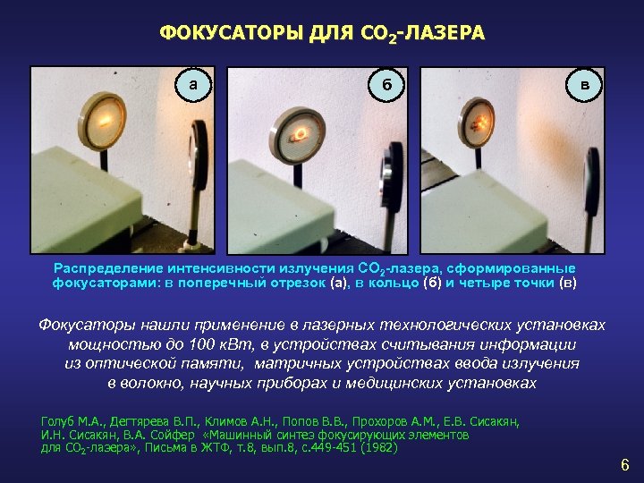 ФОКУСАТОРЫ ДЛЯ CO 2 -ЛАЗЕРА а б в Распределение интенсивности излучения СО 2 -лазера,