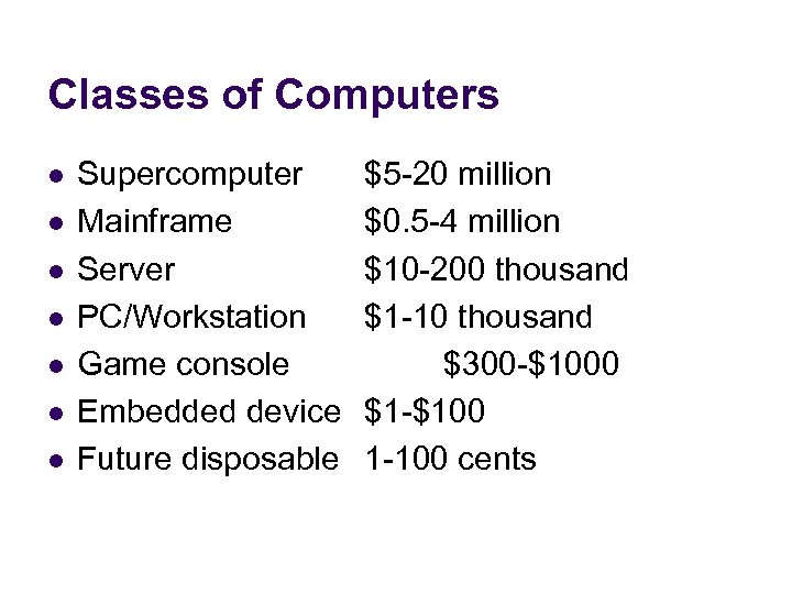 Classes of Computers l l l l Supercomputer Mainframe Server PC/Workstation Game console Embedded