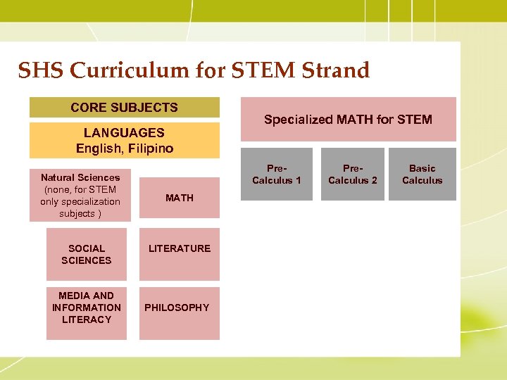 SHS Curriculum for STEM Strand CORE SUBJECTS LANGUAGES English, Filipino Natural Sciences (none, for
