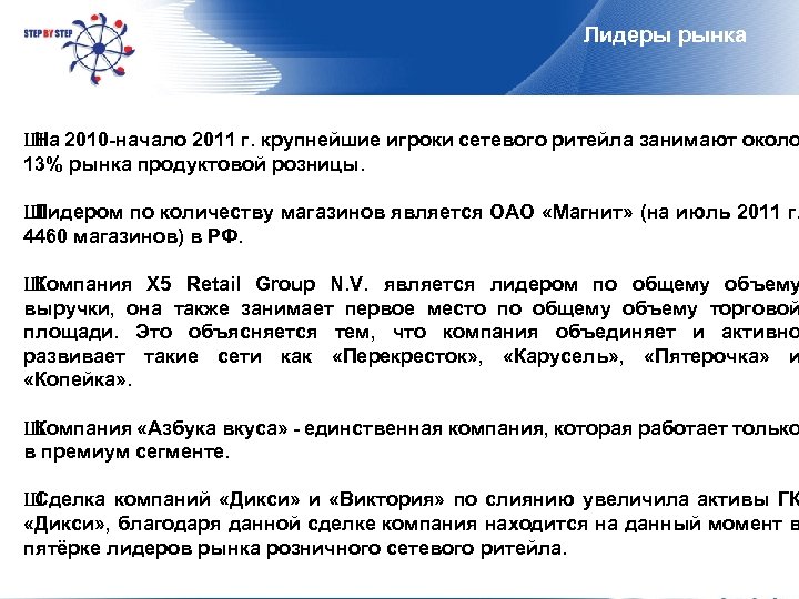 Лидеры рынка Ш На 2010 -начало 2011 г. крупнейшие игроки сетевого ритейла занимают около