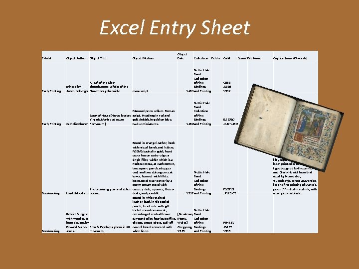 Excel Entry Sheet Exhibit Early Printing Object Author Object Title A leaf of the