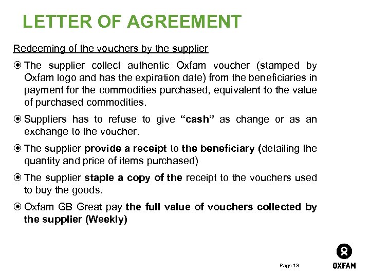 LETTER OF AGREEMENT Redeeming of the vouchers by the supplier The supplier collect authentic
