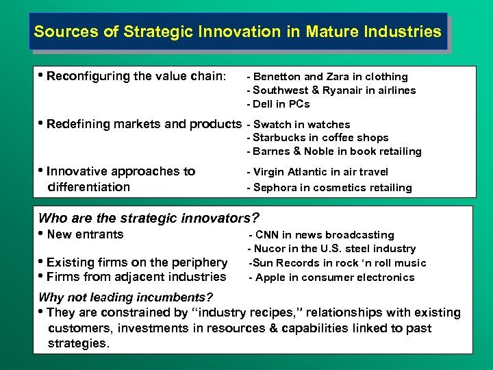 Sources of Strategic Innovation in Mature Industries • Reconfiguring the value chain: - Benetton