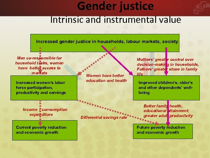 Gender justice Intrinsic and instrumental value Increased gender justice in households, labour markets, society