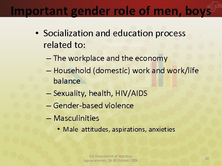 Important gender role of men, boys • Socialization and education process related to: –
