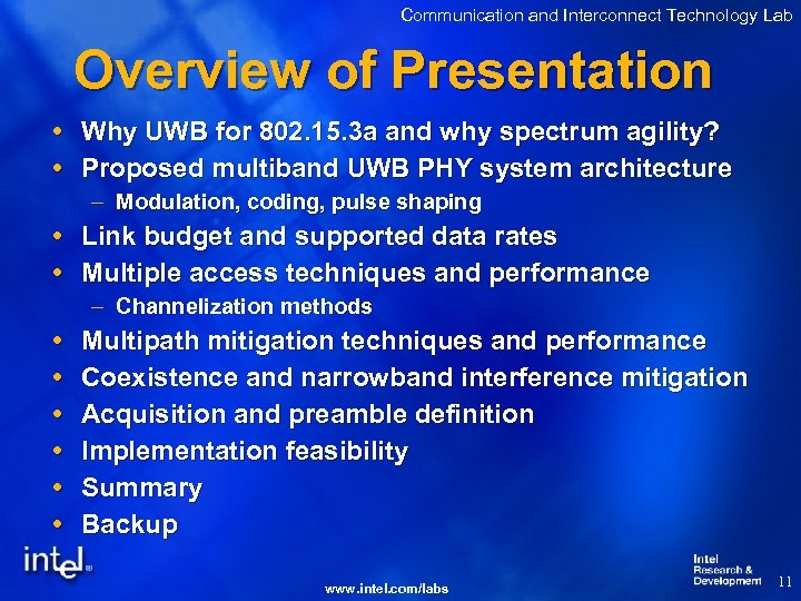 Communication and Interconnect Technology Lab Overview of Presentation Why UWB for 802. 15. 3