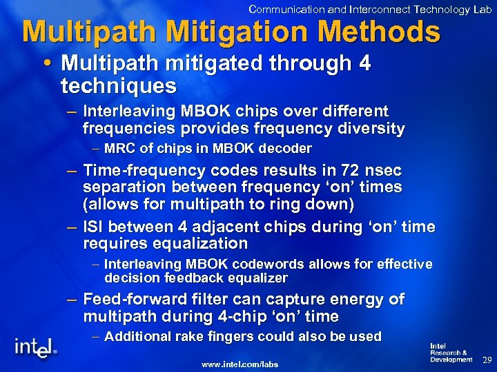 Communication and Interconnect Technology Lab Multipath Mitigation Methods Multipath mitigated through 4 techniques –