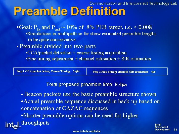 Communication and Interconnect Technology Lab Preamble Definition • Goal: Pfa and Pmd ~ 10%