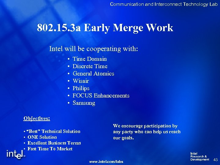 Communication and Interconnect Technology Lab 802. 15. 3 a Early Merge Work Intel will