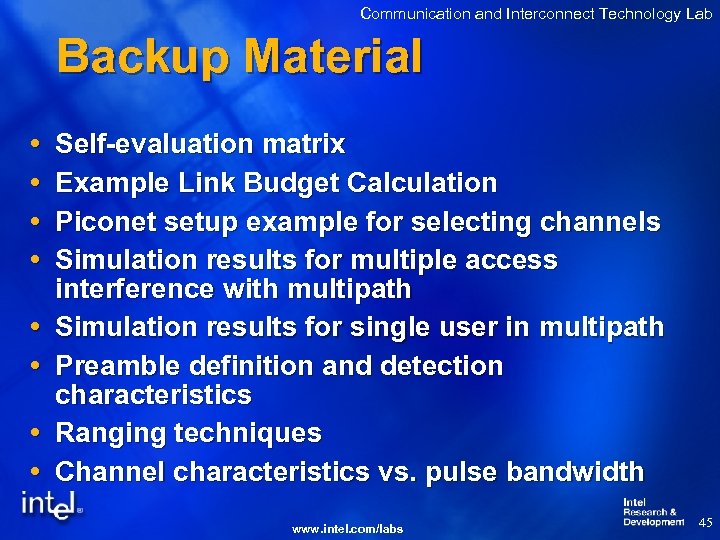 Communication and Interconnect Technology Lab Backup Material Self-evaluation matrix Example Link Budget Calculation Piconet