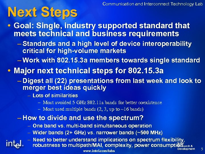 Next Steps Communication and Interconnect Technology Lab Goal: Single, industry supported standard that meets