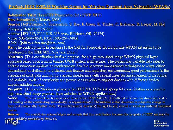 Project: IEEE P 802. 15 Working Group for Wireless Personal Area Networks (WPANs) Submission