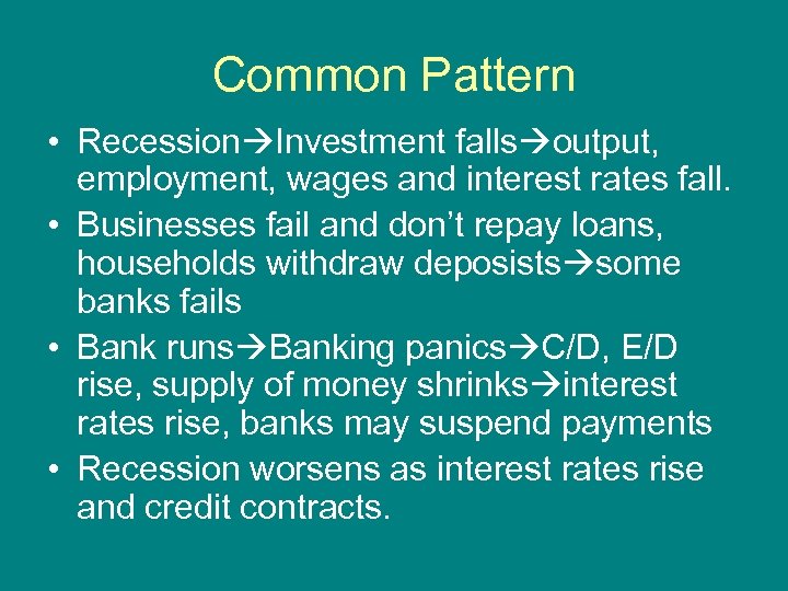 Common Pattern • Recession Investment falls output, employment, wages and interest rates fall. •