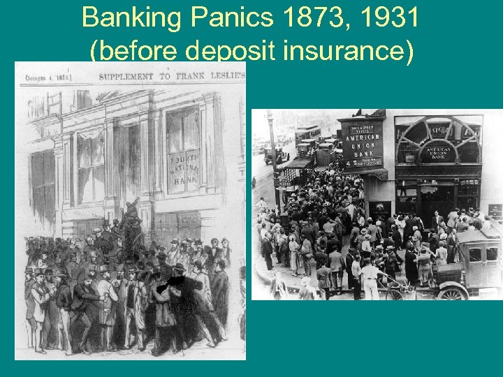 Banking Panics 1873, 1931 (before deposit insurance) 