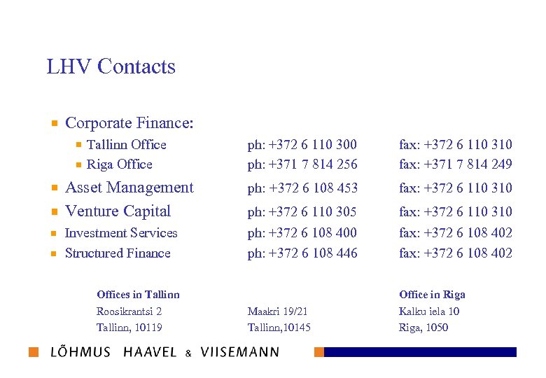 LHV Contacts Corporate Finance: Tallinn Office Riga Office ph: +372 6 110 300 ph: