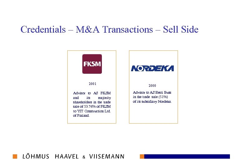 Credentials – M&A Transactions – Sell Side 2001 2000 Advisor to AS FKSM and