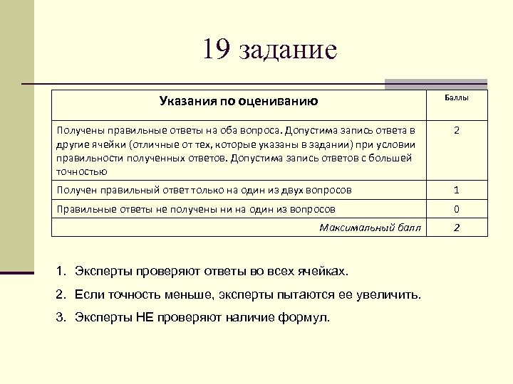 19 задание Указания по оцениванию Баллы Получены правильные ответы на оба вопроса. Допустима запись